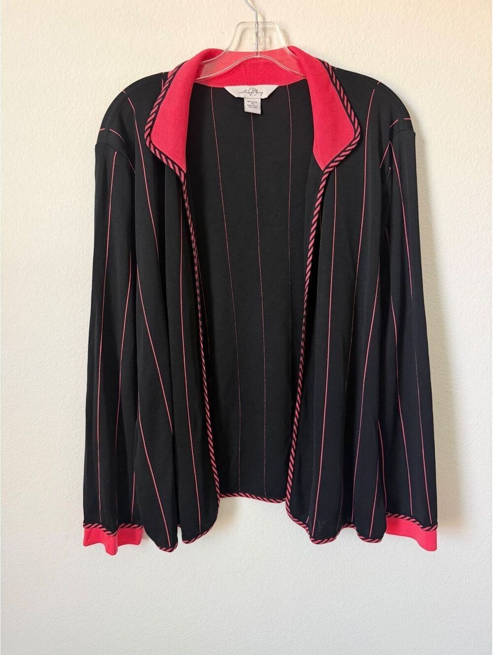 Ming Wang Long Sleeve Collared Black/Pink Striped Open Front Cardigan Size XL